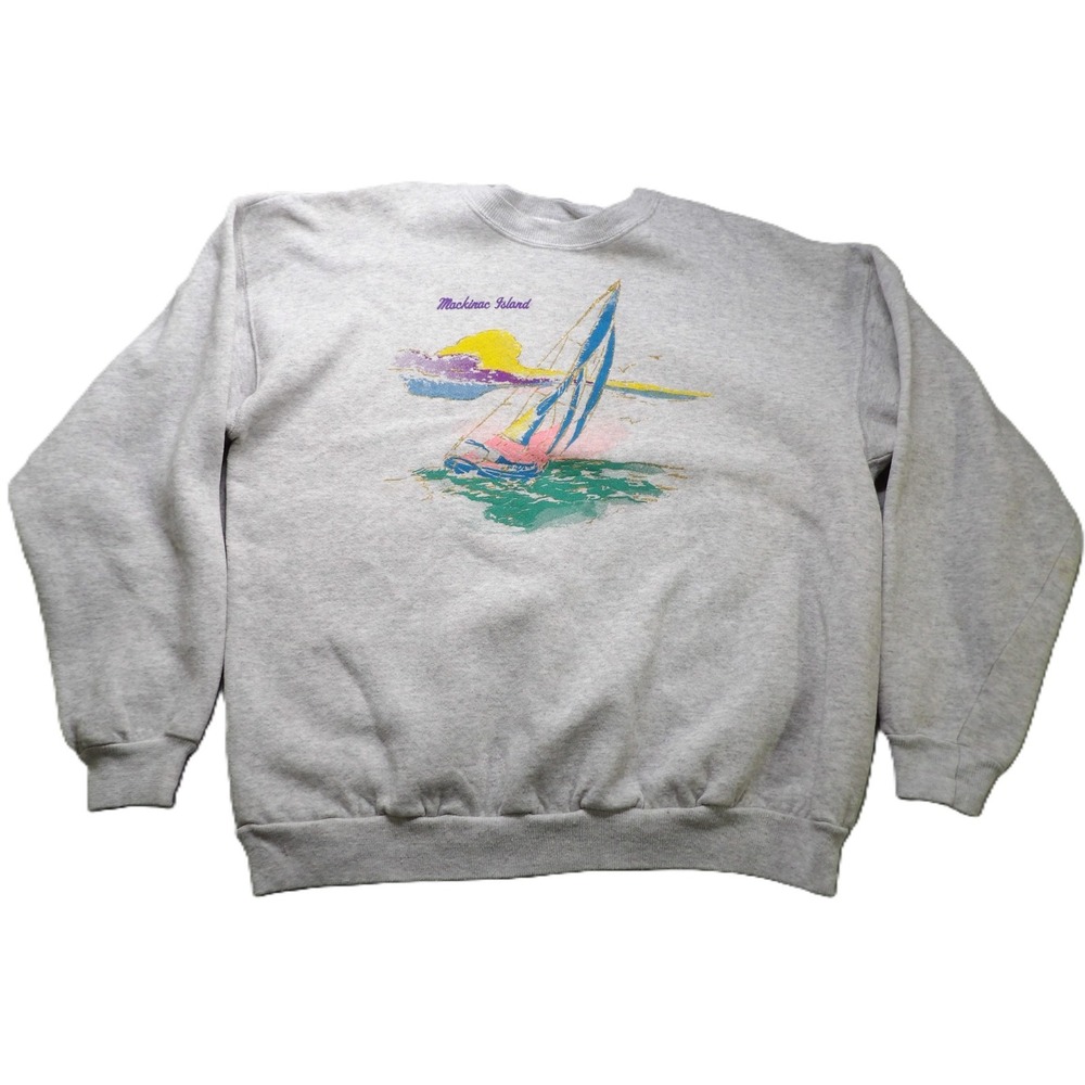 VTG 90s Hanes Mackinac Island Graphics Sweatshirt Hand Panted Gray XL USA Fabric